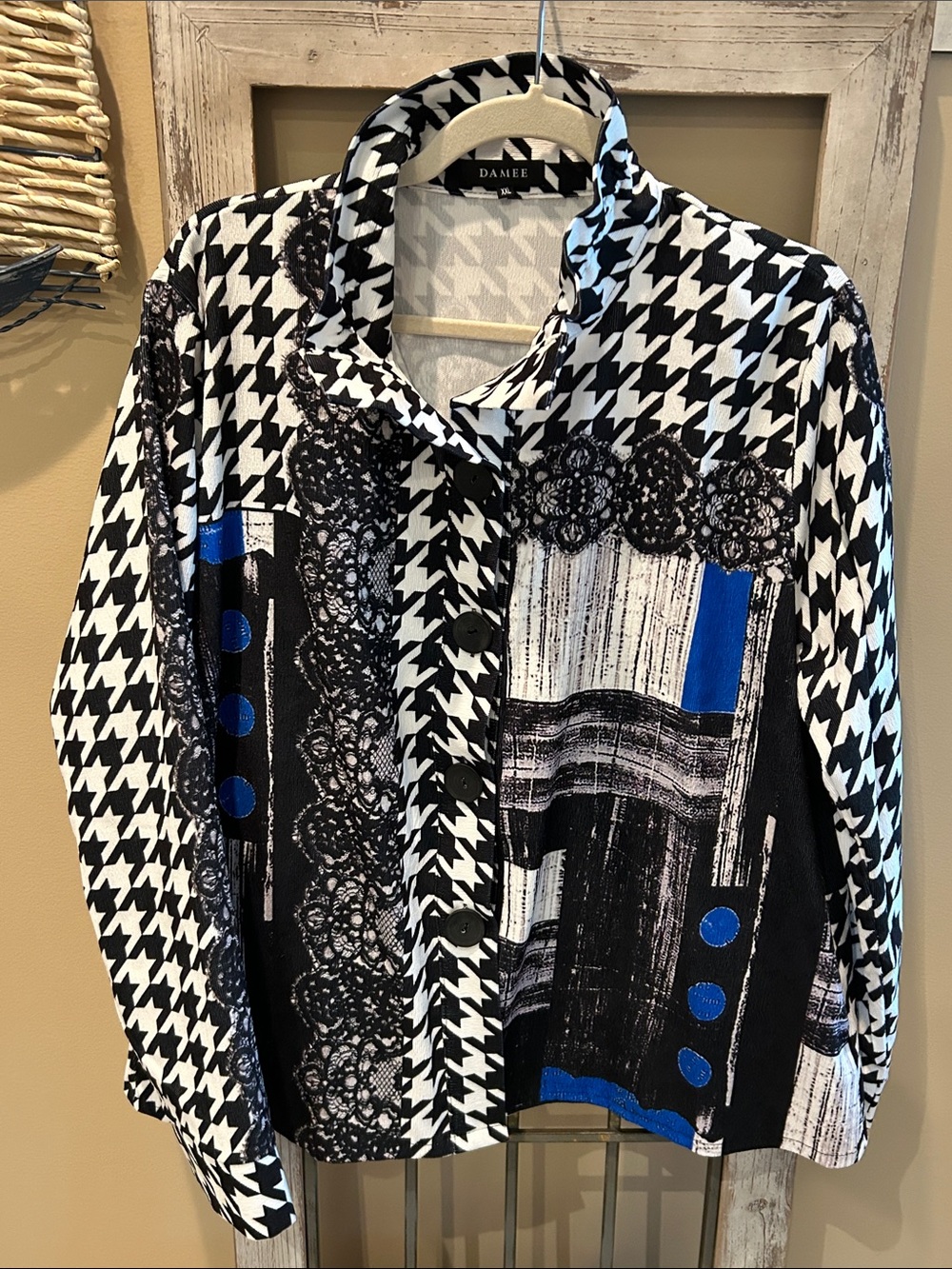Damee Black & White Houndstooth Button Front Jacket with Blue Accents